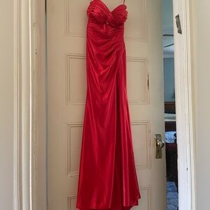 Red Strapless Prom Dress Size 4- Stacees Mermaid Strapless Silk like Satin Slit